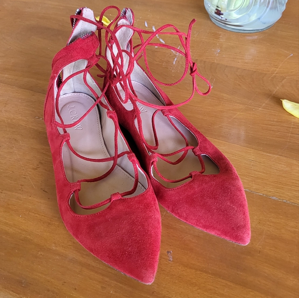 J. Crew red suede lace up pointed toe flats